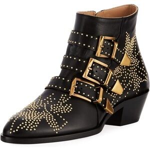 Ankle boots | Black genuine leather gold rivet studded buckle size 6.5